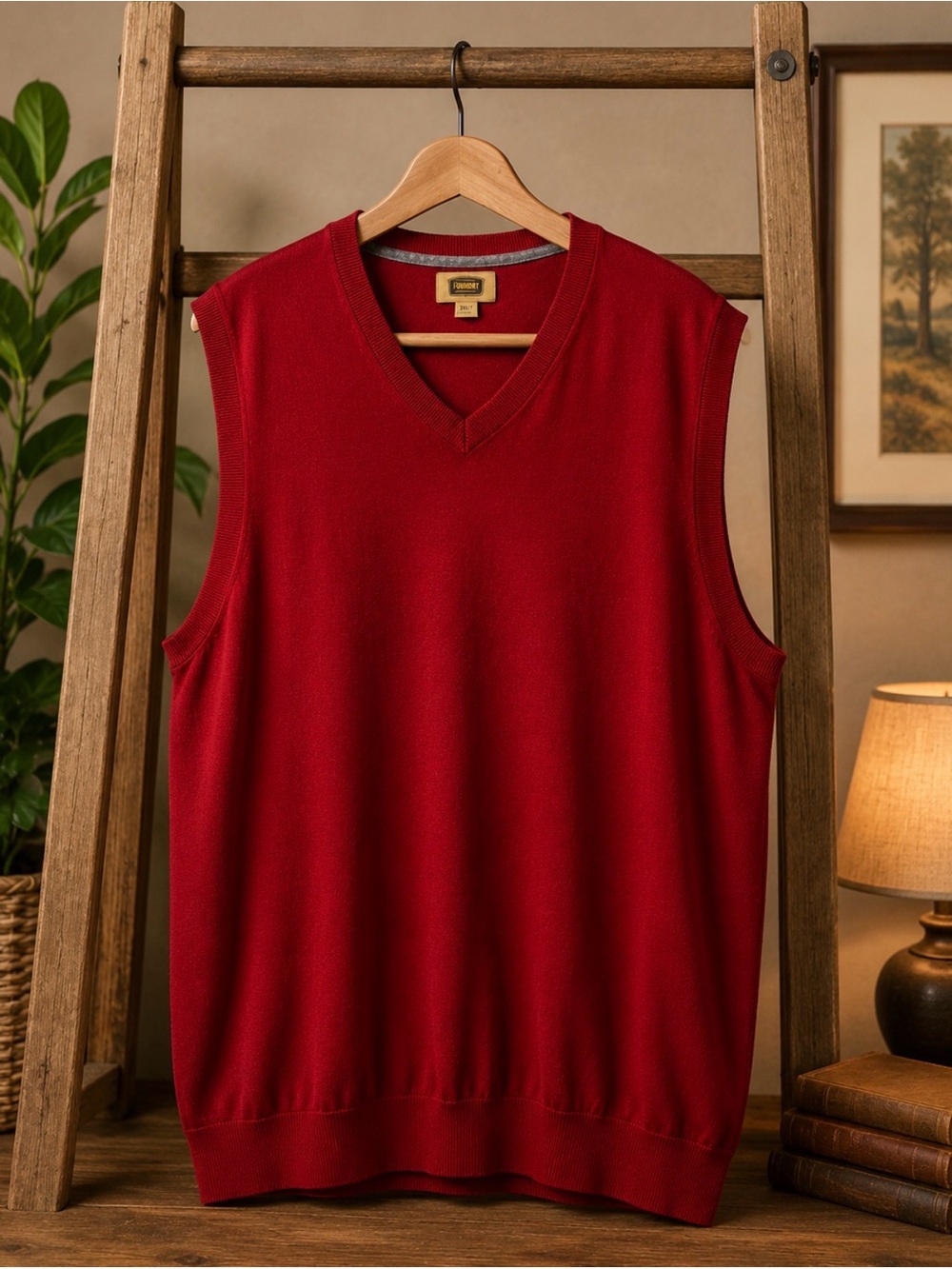 The Foundry Supply Co. Men's V-Neck Sweater Vest in Deep Red